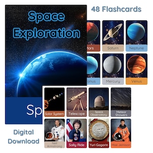 Space Exploration Flashcards: 48 Educational Cards with Planets, Celestial Features, Astronauts, Rockets & Space Vehicles, for Kids Learning