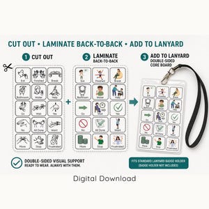 May include: A digital download instructional graphic for a double-sided visual support lanyard. It shows three steps: cut out, laminate back-to-back, and add to a lanyard. The cards feature icons and illustrations for communication like eat, bathroom, and help.