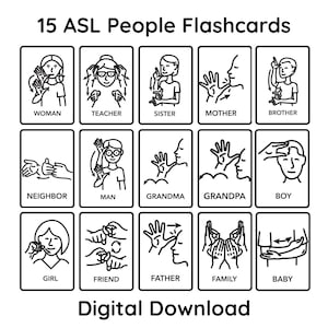 ASL Personen Karteikarten - 15 Personen-Zeichen für einfaches ASL-Lernen, Lehrmittel für Klassenzimmer oder Heimschule, Autismus-Klassenzimmer unterstützt