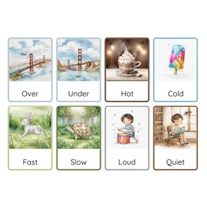 May include: Eight illustrated cards with different images and words. The words are "Over", "Under", "Hot", "Cold", "Fast", "Slow", "Loud", and "Quiet".