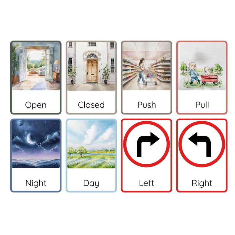 May include: Eight illustrated cards with different images and words. The cards are white with a light blue border. The words on the cards are: Open, Closed, Push, Pull, Night, Day, Left, Right.