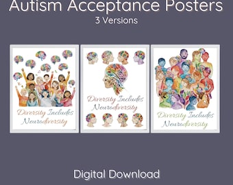 Könnte beinhalten: Drei digitale Download-Poster, die die Akzeptanz von Autismus fördern. Jedes Poster zeigt eine Aquarell-Illustration von verschiedenen Menschen mit dem Text "Diversität beinhaltet Neurodiversität".