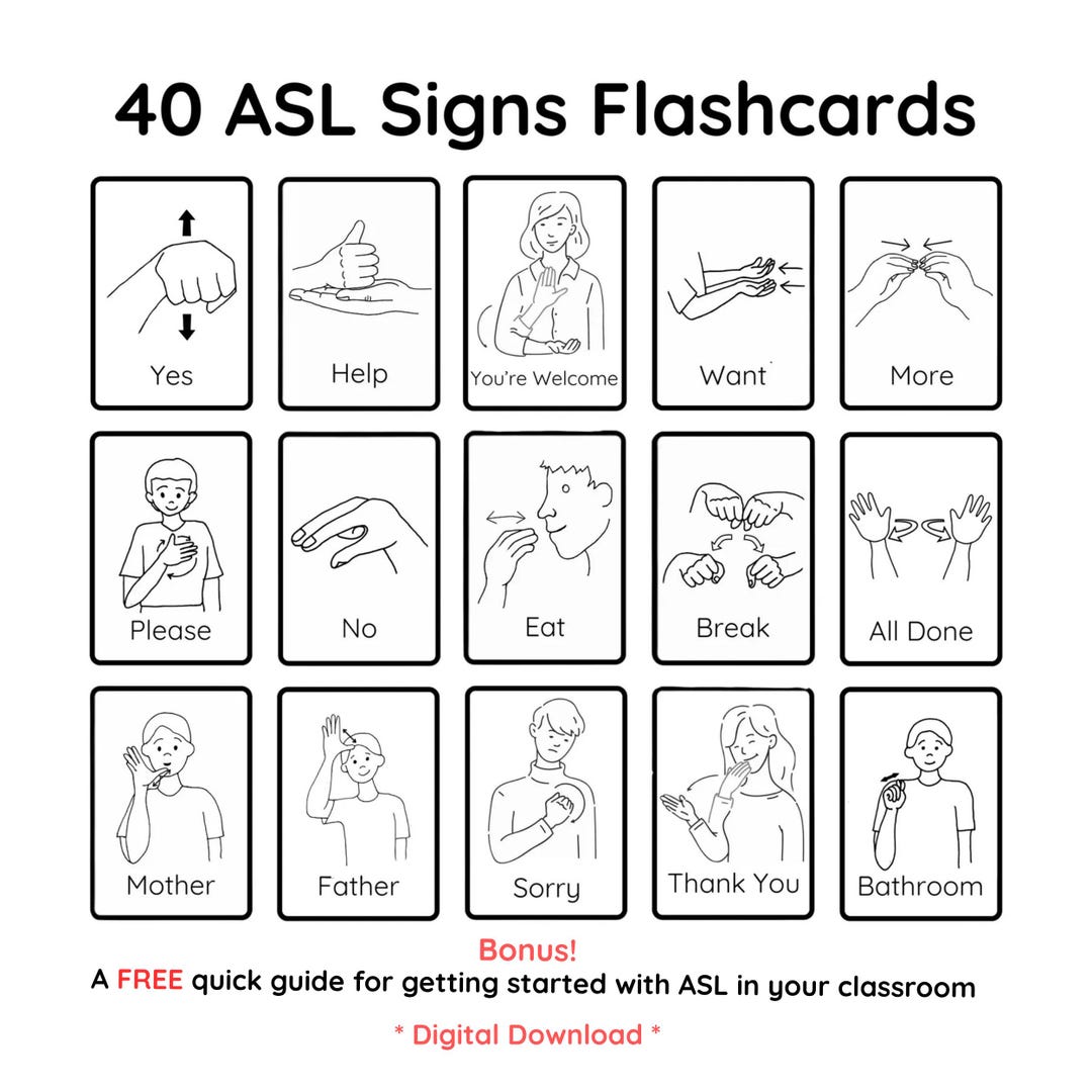 ASL Flashcards 40 Common Sign Language Signs Digital Download Core