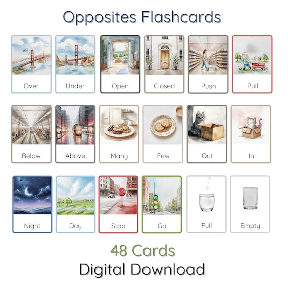 Opposites Flashcards for Preschoolers | Visual Learning Aids for Classroom & Homeschool | 48 cards, Digital Download
