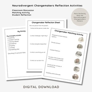 May include: A digital download featuring worksheets for neurodivergent changemakers. Includes a reflection sheet, matching activity, and discussion prompts. The worksheets cover topics like strengths, challenges, and neurodiversity. Text includes "Digital Download".