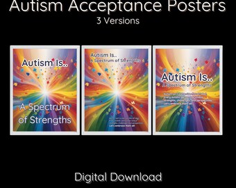 Pode incluir: Três cartazes digitais para download com fundo arco-íris e o texto "O autismo é... Um espectro de forças". Os cartazes são para a aceitação do autismo.