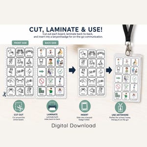 May include: A digital download communication board set featuring a grid of icons for daily needs. The image displays instructions to cut, laminate, and insert the cards into a clear plastic lanyard badge holder for portable use.