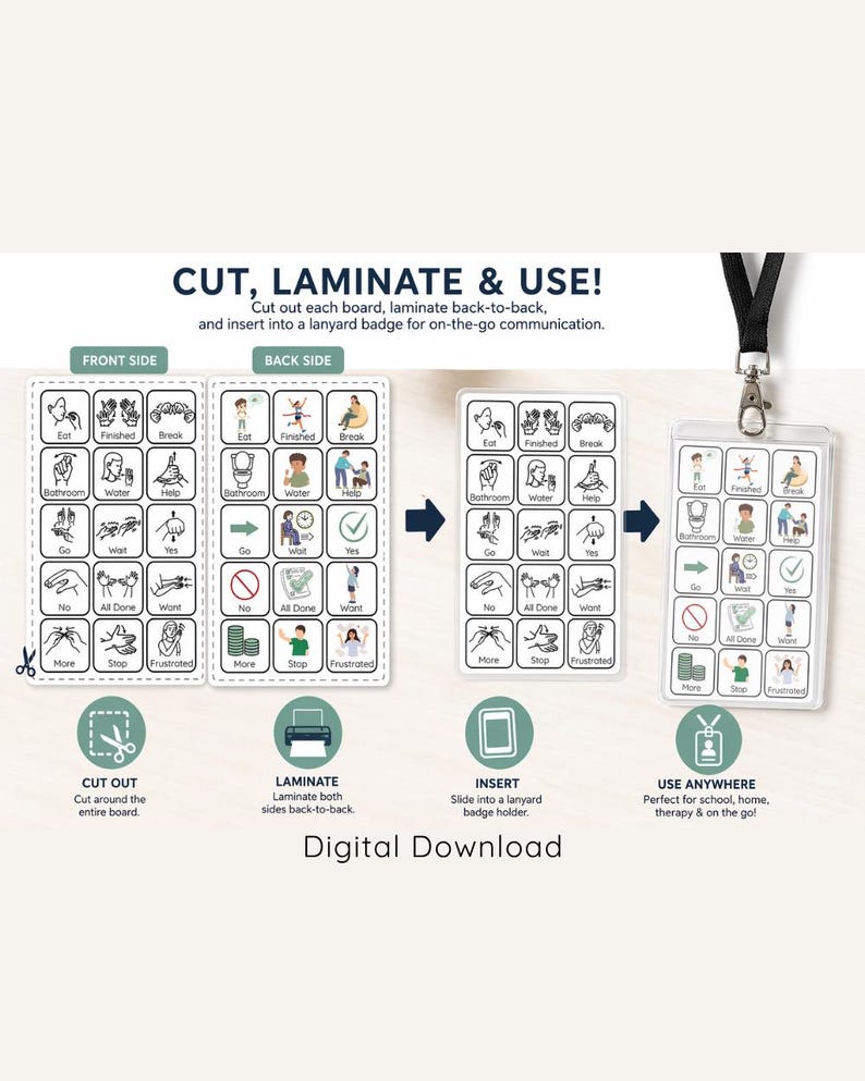 May include: A digital download communication board set featuring a grid of icons for daily needs. The image displays instructions to cut, laminate, and insert the cards into a clear plastic lanyard badge holder for portable use.