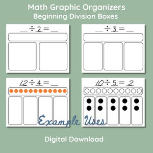 May include: Four white math graphic organizers for beginning division. The top of each organizer has a division problem. The bottom of each organizer has boxes for the answer. The text "Example Uses" and "Digital Download" are also present.
