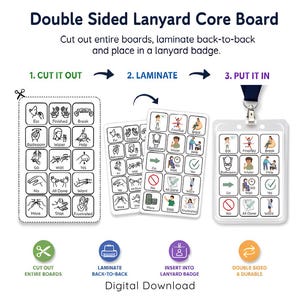 May include: A white graphic illustrating how to make a double-sided lanyard core board. The steps are cut out, laminate, and put in. The board features communication symbols. The text reads "Double Sided Lanyard Core Board".