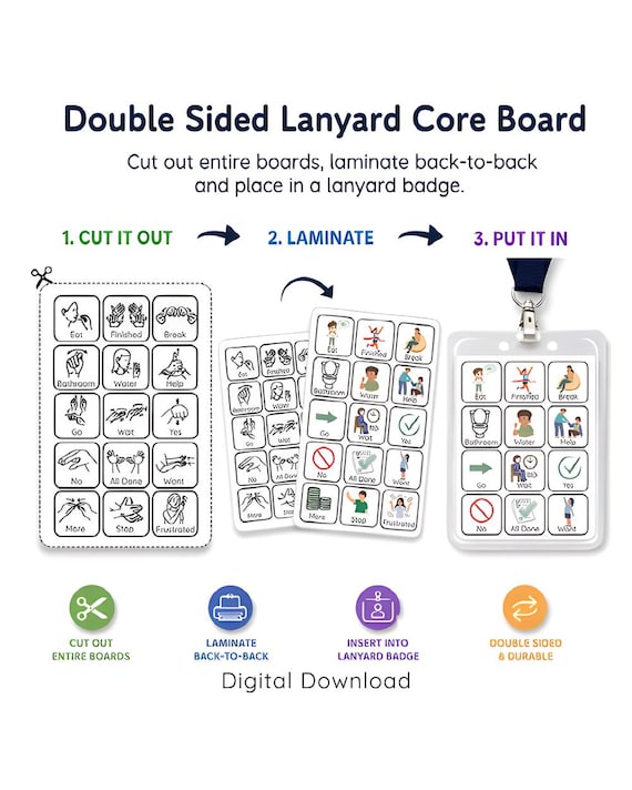 AAC Lanyard Communication Board, Double Sided Core Board, ASL and symbols, SLP Tool, Nonverbal Communication Aid, Digital Download