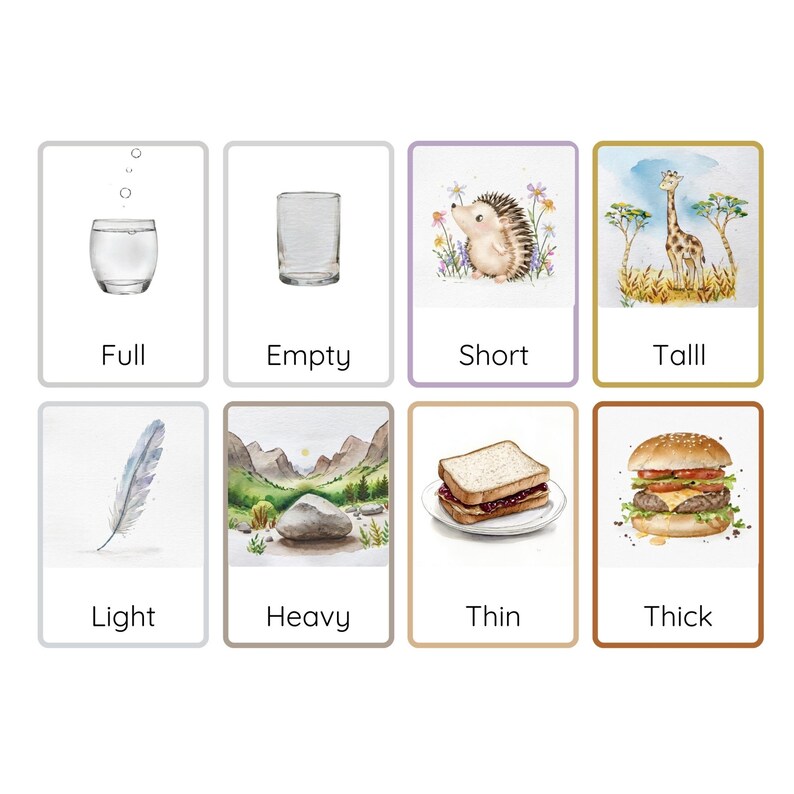 May include: A set of eight illustrated cards with various objects and words describing their attributes. The cards are arranged in two rows of four. The top row features a full glass of water, an empty glass, a short hedgehog, and a tall giraffe. The bottom row features a light feather, a heavy rock, a thin sandwich, and a thick hamburger.