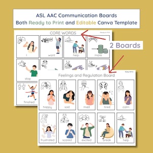 May include: Two communication boards with illustrations and text. The top board is labeled "Core Words" and the bottom board is labeled "Feelings and Regulation Board". The boards are labeled "Ready to Print" and "Editable Canva Template".