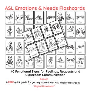 Puede incluir: Un conjunto de tarjetas didácticas ASL Emotions & Needs con 40 signos funcionales para sentimientos, peticiones y comunicación en el aula. Las tarjetas muestran dibujos lineales en blanco y negro con etiquetas de texto correspondientes.