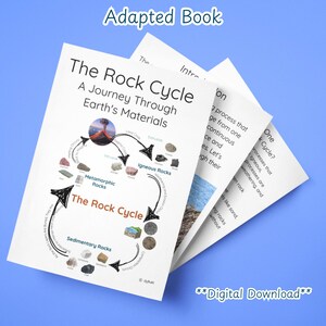 May include: A printable book about the rock cycle. The book features a colorful diagram of the rock cycle with illustrations of different types of rocks. The text on the cover reads "The Rock Cycle: A Journey Through Earth's Materials".