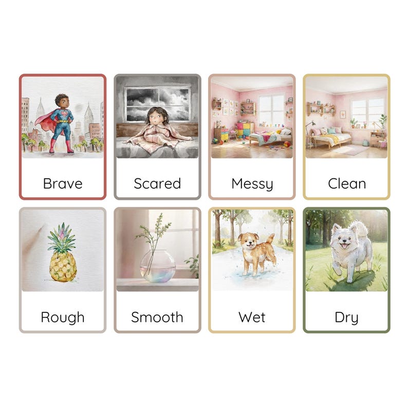 May include: A set of nine illustrated cards with different words and images. The cards are in a grid format with three rows and three columns. The words on the cards are: Brave, Scared, Messy, Clean, Rough, Smooth, Wet, Dry. The images on the cards are: a superhero, a girl in a room, a messy room, a clean room, a pineapple, a vase with flowers, a dog in the water, a dog on grass.