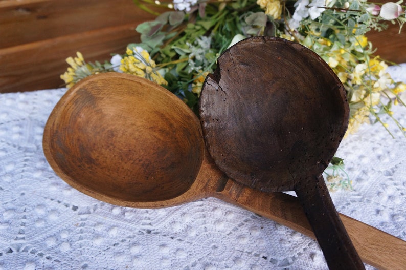 2 Antique Wooden Spoon Set Rustic Spoons Hand Carved Image 0 1 2