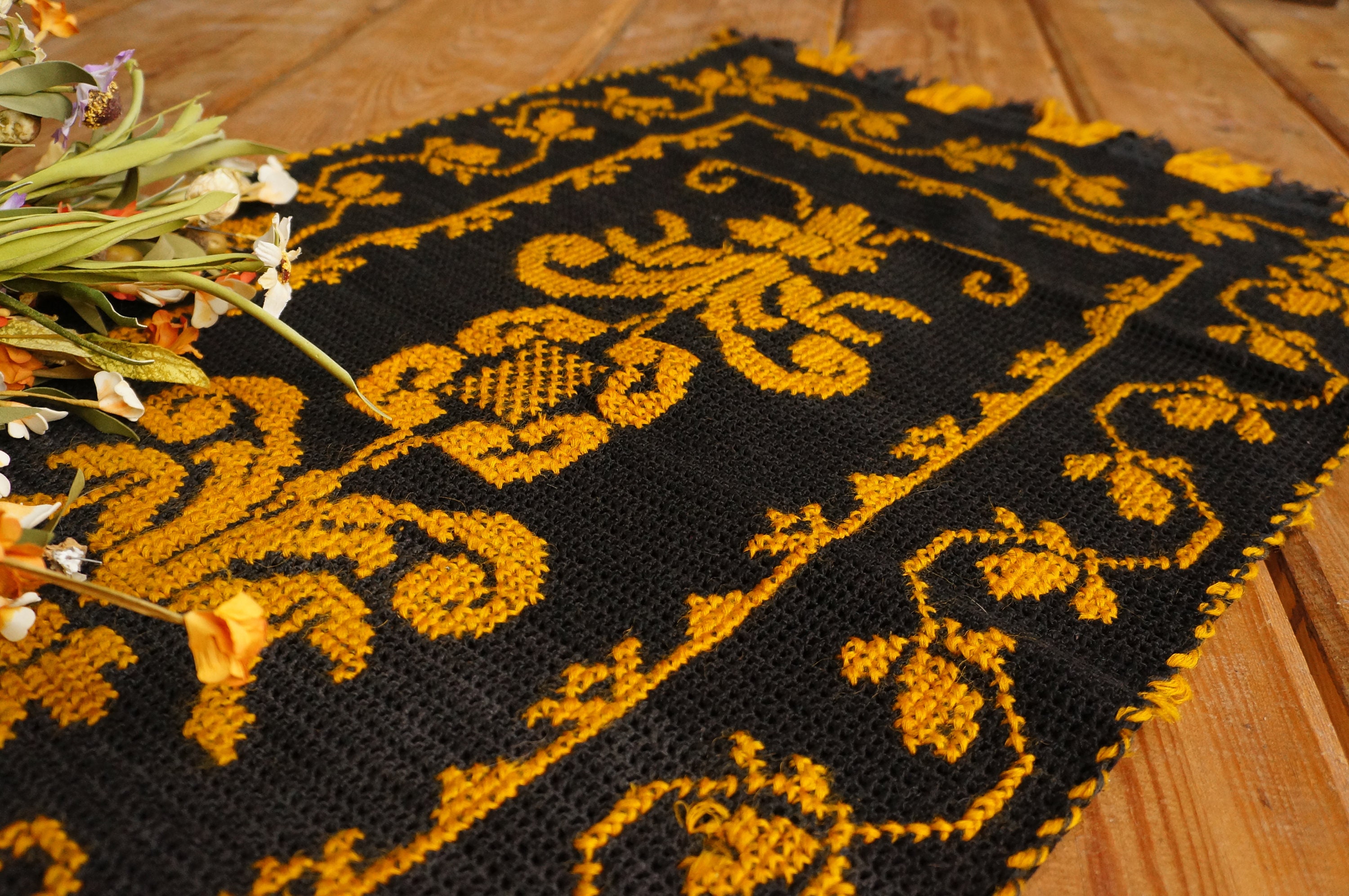 Black And Yellow Area Rug Baroque Kilim Carpet Rustic Home Etsy