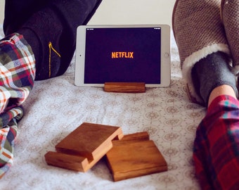 Tablet and phone stand made from reclaimed oak