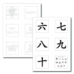 Puede incluir: Una hoja de trabajo en blanco y negro con caracteres y números chinos. Los caracteres están escritos en un formato de cuadrícula con trazos numerados. Los números están escritos en una columna en el lado derecho de la página. Los números están escritos en caracteres chinos y en inglés.
