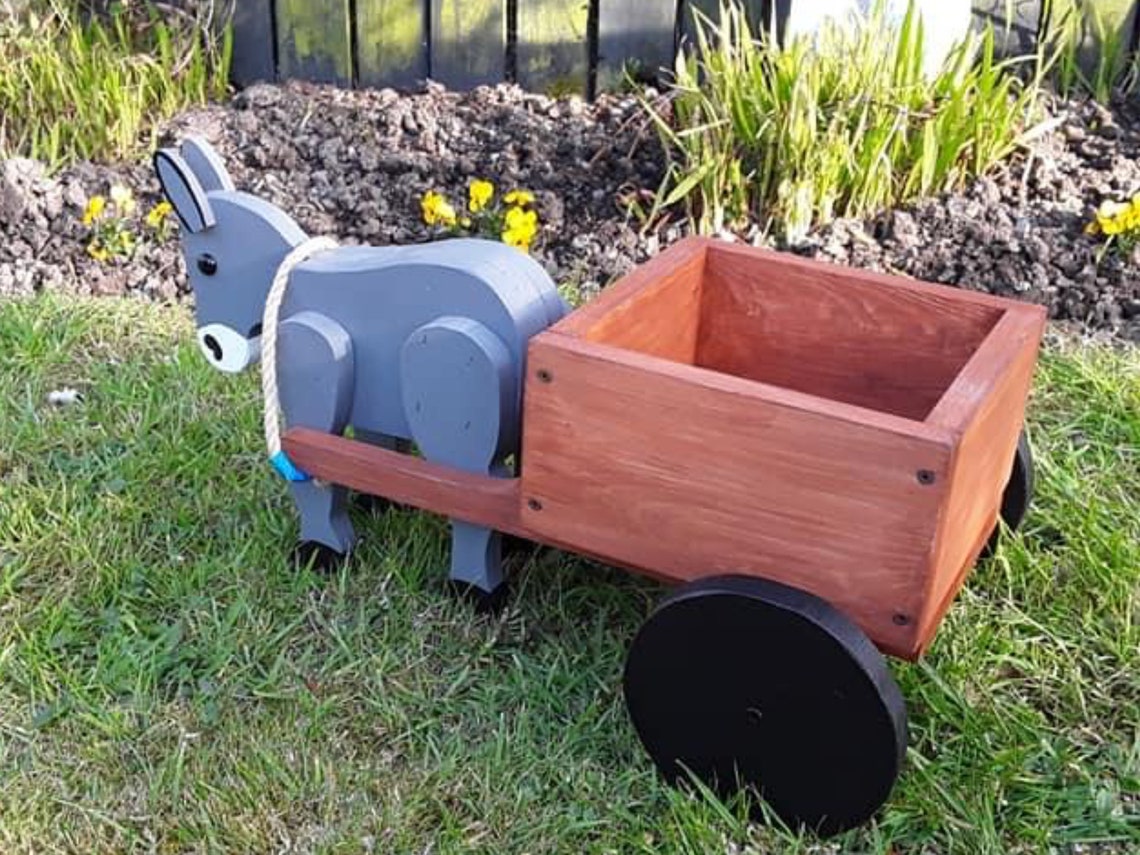 Wooden handcrafted donkey and cart planter Etsy