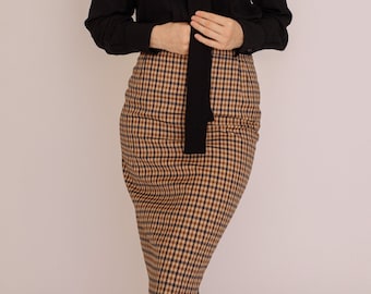 Camel Plaid Pencil Skirt - Midi Office Skirt - Formal High Waist Skirt - Checkered Skirt - Smart Skirt - Work Outfit - Classic Long Skirt