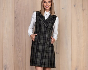 Wool Pinafore Dress - Dark Green Plaid Waistcoat Dress - Vintage Style Dress - Wool Retro Dress -  Sleeveless Vest Dress - Double Breasted