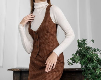 Women's Suit with Waistcoat - Brown Suit with Vest - Checkered Wool Suit - Semi Formal Skirt Suit - Vintage Waistcoat Suit - Retro Suit