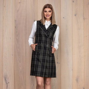 Wool Pinafore Dress - Dark Green Plaid Waistcoat Dress - Vintage Style Dress - Wool Retro Dress -  Sleeveless Vest Dress - Double Breasted