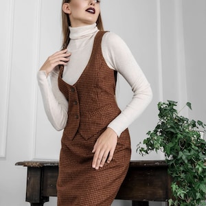 Damenanzug mit Weste - Brauner Anzug mit Weste - Karierte Wollanzug - Halbformale Rockanzug - Vintage Weste Anzug - Retro Anzug