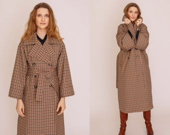 Checkered Long Trench Coat - Double Breasted Raincoat with Belt - Autumn Winter Coat - Knee Length Coat - Plaid Coat - Classic Coat