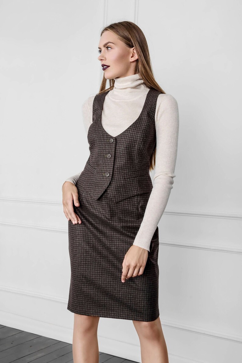 Women's Suit With Waistcoat Brown Suit With Vest Checkered Wool Suit