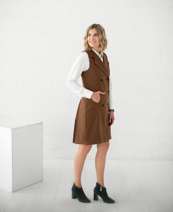 Wool Pinafore Dress Brown Plaid Dress 