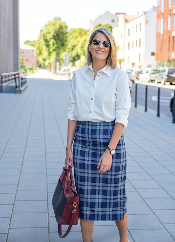 Blue Plaid Pencil Skirt Midi Office Skirt Formal High Waist Skirt