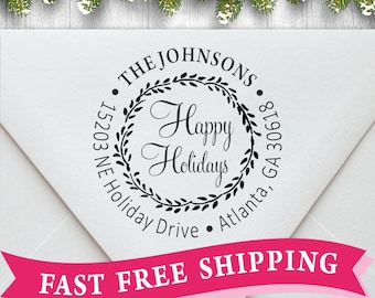 Happy Holidays, Holiday Address Stamp, Merry Christmas Address Stamp, High Quality Wreath Stamp, Round Holiday Stamp, C1