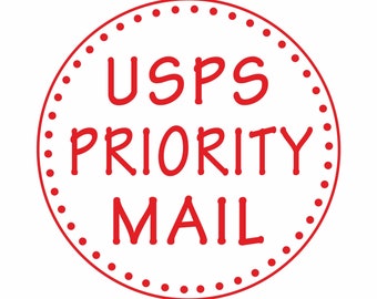 May include: Red circular USPS Priority Mail stamp with a dotted border.