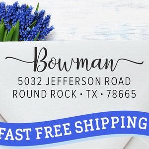 May include: White envelope with a blue ribbon that says "FAST FREE SHIPPING". The return address is "Bowman, 5032 Jefferson Road, Round Rock, TX 78665".