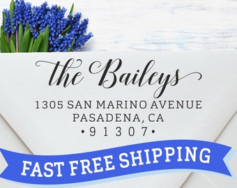 May include: A white envelope with a blue ribbon banner that reads "FAST FREE SHIPPING". The envelope has a return address label with the text "The Baileys", "1305 SAN MARINO AVENUE", "PASADENA, CA", and "• 9 13 0 7."