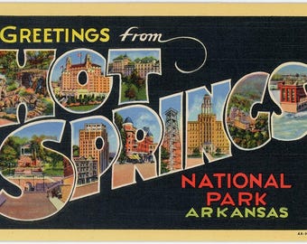 Groeten uit Hot Springs National Park Arkansas - "Large Letter" vintage ansichtkaart linnentextuur jaren 30 digitale download 600 dpi