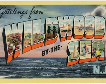 Saudações de Wildwood By-The-Sea New Jersey - "Carta grande" Cartão postal vintage Textura de linho c1930s Download digital 600dpi