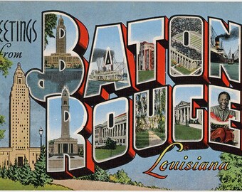 Greetings From Baton Rouge Louisiana - "Large Letter" Vintage Postcard Linen Texture c1930s Digital Download 600dpi