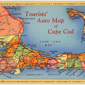 May include: Vintage Cape Cod auto map with red route lines and town names. The map includes the text "Tourists' Auto Map of Cape Cod" and features the towns of Hyannis, Provincetown, and Chatham.