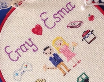 Cruz cosido retrato de pareja. ¡Recuerdo de tu amor!