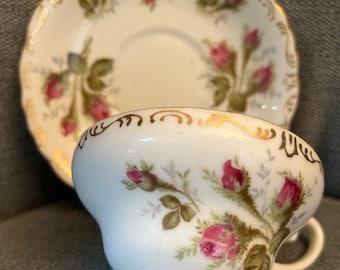 Vintage Hand-Painted Teacup/Saucer Set - E.W. Princess China Made in Japan Floral (3/337) Gold Rim Scalloped Edges (1960s) Mid-Century