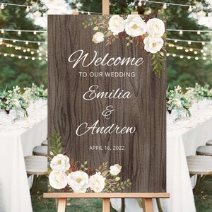 Modèle de plaque de bienvenue pour mariage rustique, plaque de réception de mariage imprimable, fleurs blanches, Templett, #A052