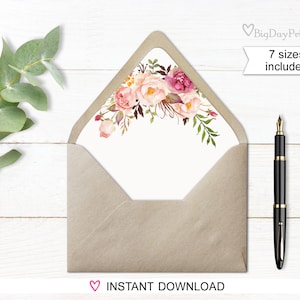 Envelope Liners, Envelope Liner Template, Watercolor Floral, White background, Boho Chic, Match to A008, A010, A019 image 1