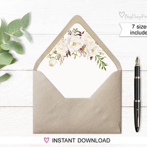 Envelope Liners, Envelope Liner Template, Watercolor Floral, White Flowers, Boho Chic, Match to #A051, #A053