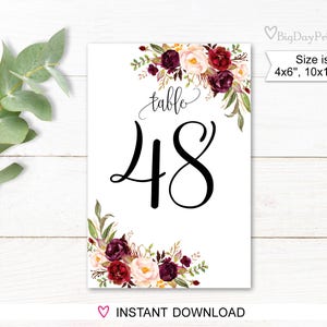 Wedding Table Numbers, Floral Table Numbers, Printable Wedding Table Numbers, 4x6, 10x15 cm, Instant Download, A047 image 1