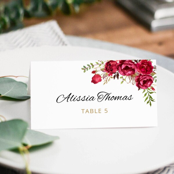 Red Wedding Place Card Template, Printable Place Card, Seating Cards, Wedding Escort Cards, Red Flowers, Templett, #A015
