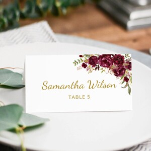 Plantilla de tarjeta de lugar de boda de vino, tarjetas de lugar de boda de Borgoña, tarjetas de asiento, tarjetas de lugar de boda de Marsala, Templett, #A071